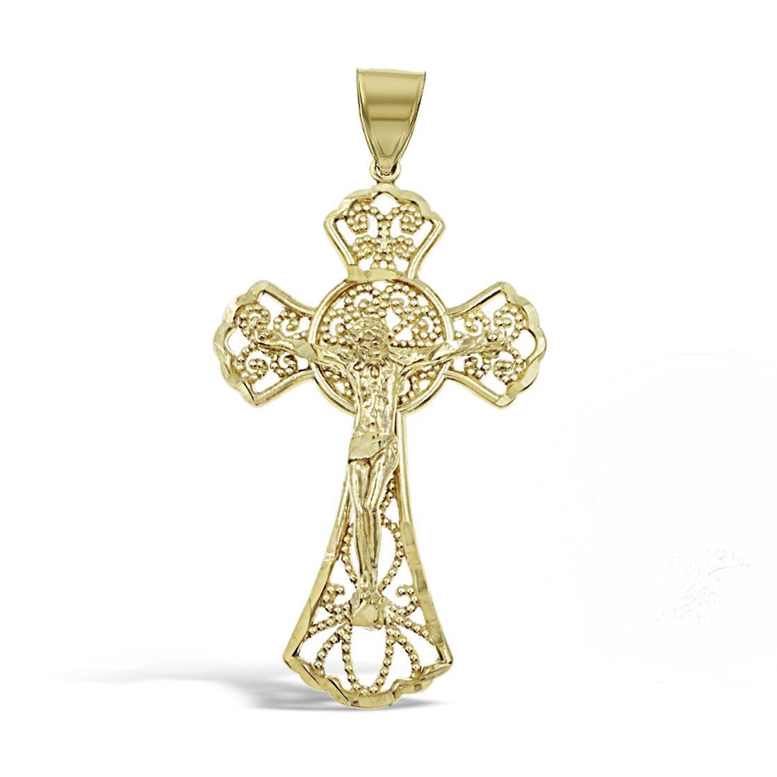 Jesus Crucifix Cross Pendant Mens Charm 10k Yellow Gold 1.9 inch 1
