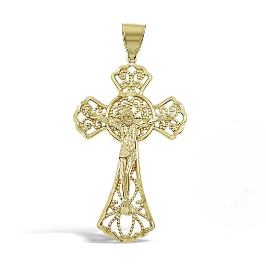 Jesus Crucifix Cross Pendant Mens Charm 10k Yellow Gold 1.9 inch 1