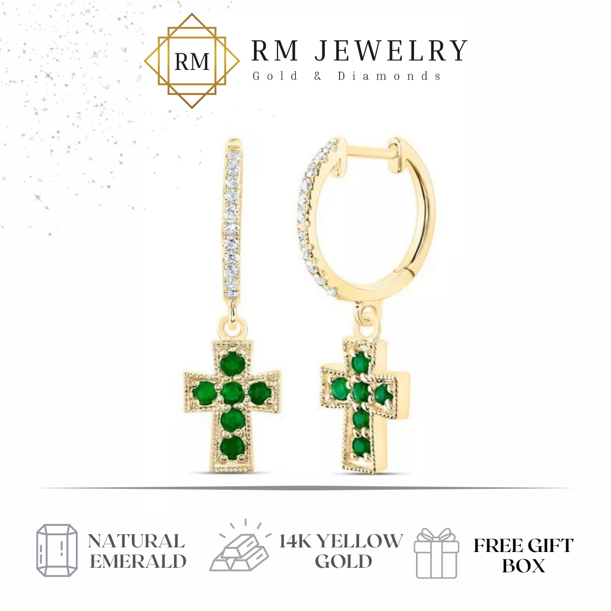 Natural Green Emerald & Diamond Cross Hoop Dangle Drop Earrings 14k Yellow Gold