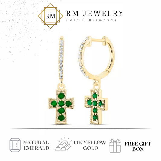 Natural Green Emerald & Diamond Cross Hoop Dangle Drop Earrings 14k Yellow Gold