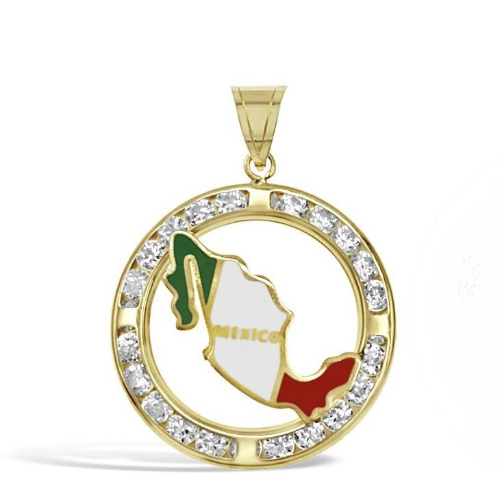 14K Gold Mexico Flag Map Round Pendant