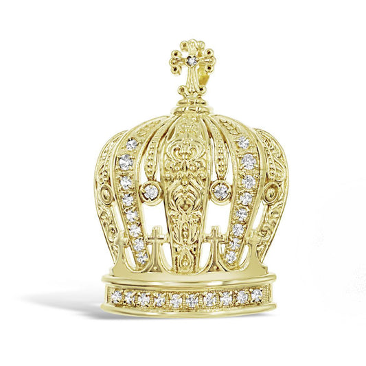 10K Yellow Gold Large Crown CZ Pendant Charm 2.1 inch