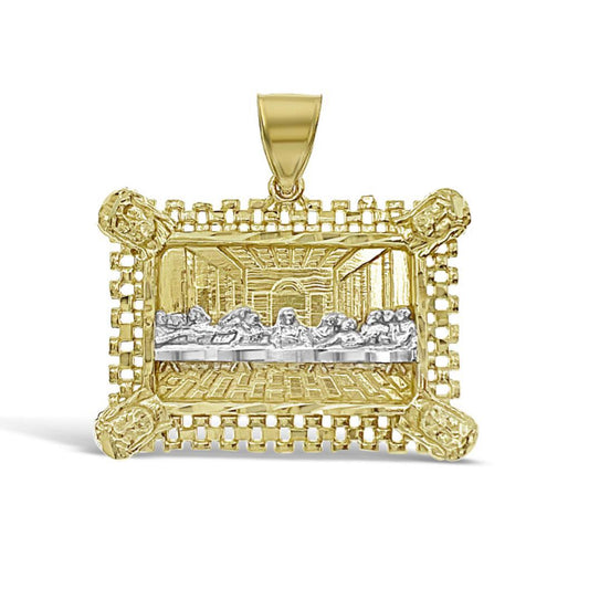 Last Supper Rectangle Pendant 10k Two Tone Gold Charm 1.2"