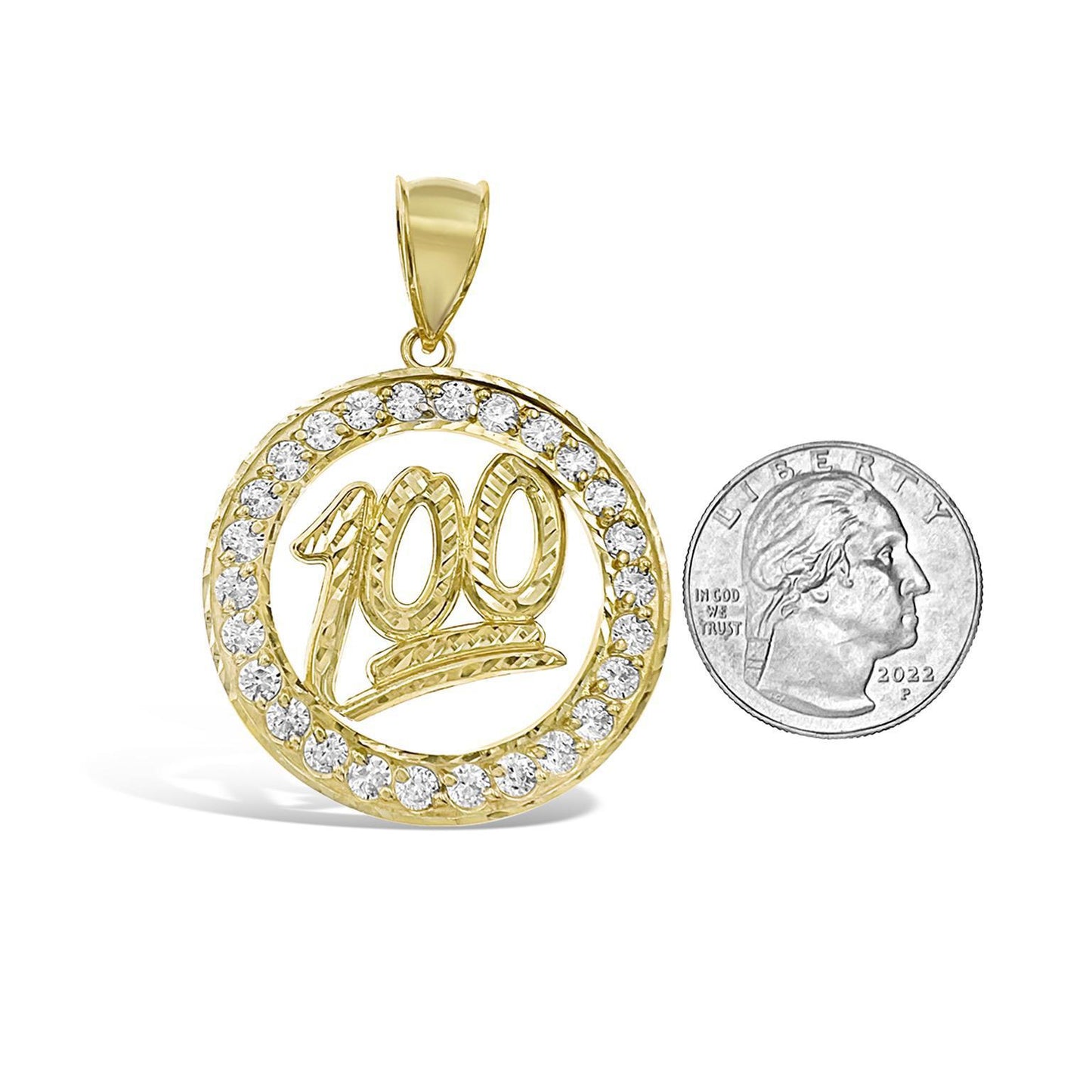 100 Emoji Pendant 10k Yellow Gold Round Charm CZ 1.8"