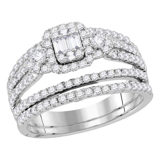 1.02ctw Baguette Diamond Halo Bridal Ring Set 14K White Gold