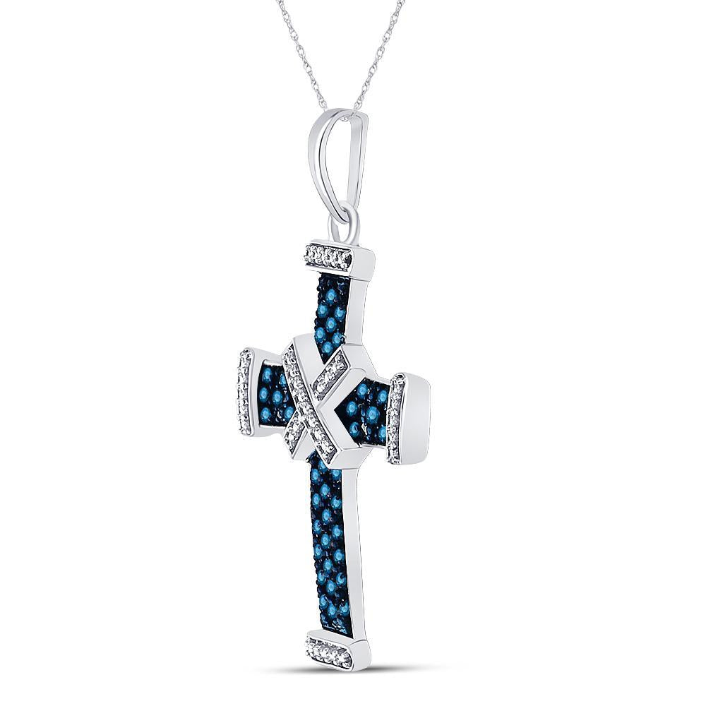 Blue Diamond Cross Mens Pendant Charm 925 Sterling Silver