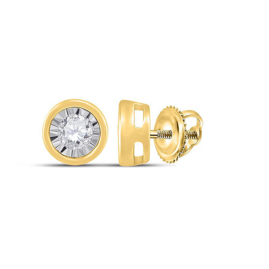 10K Yellow Gold Diamond Stud Earrings Round Bezel Set Screw Back