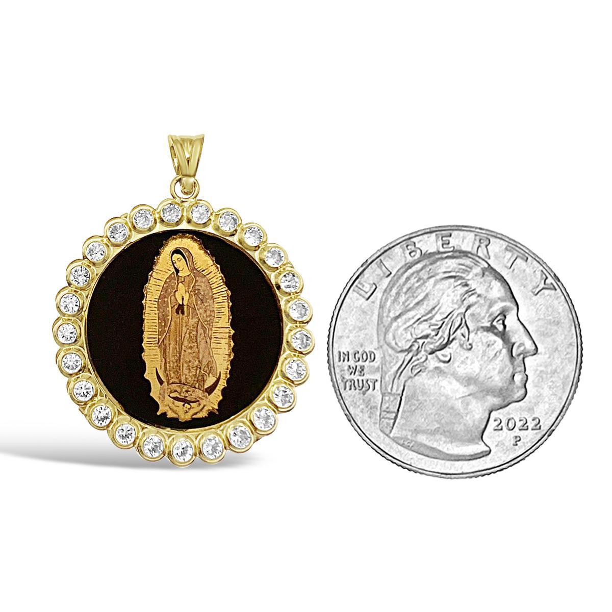 14k Yellow Gold Virgin Mary Pendant Round Medal Lady Guadalupe Charm 1.2"