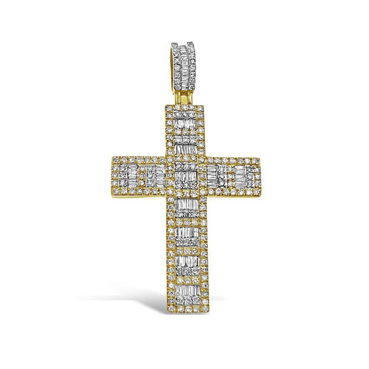 14kt Yellow Gold Baguette Round Diamond Cross Pendant Mens Charm 1.59 Cttw