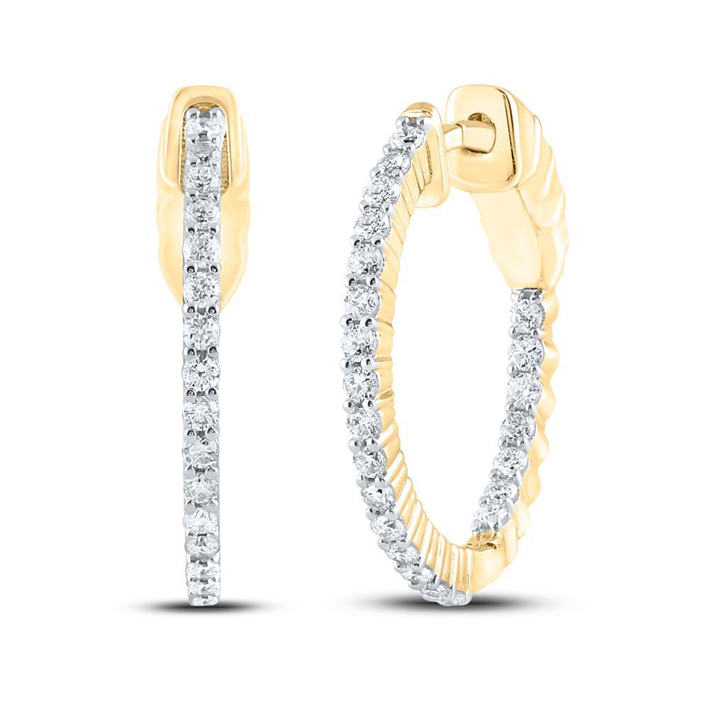 10k Yellow Gold Womens Round Diamond Inside Outside Hoop Earrings 1/2Cttw