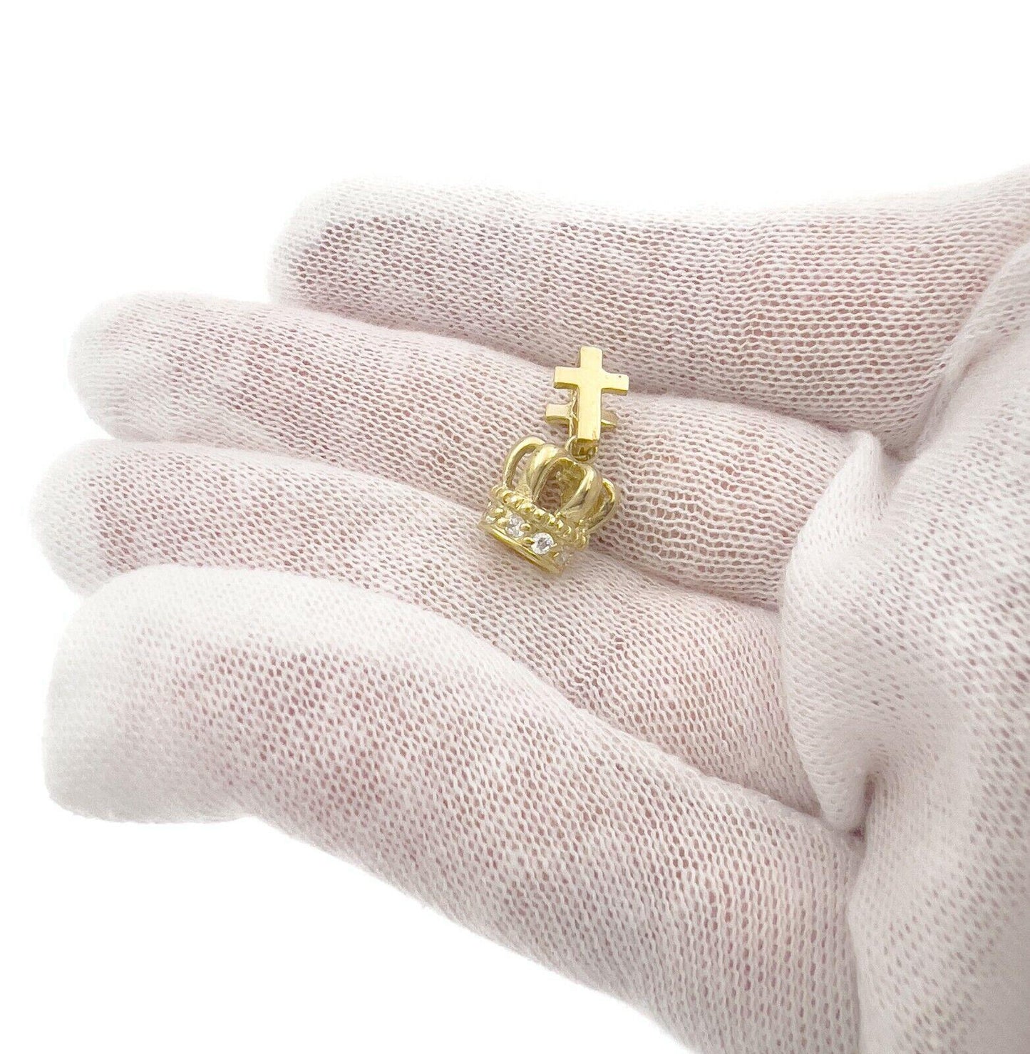 10k Yellow Gold Crown Cross Pendant 3D Charm Cz 0.7"