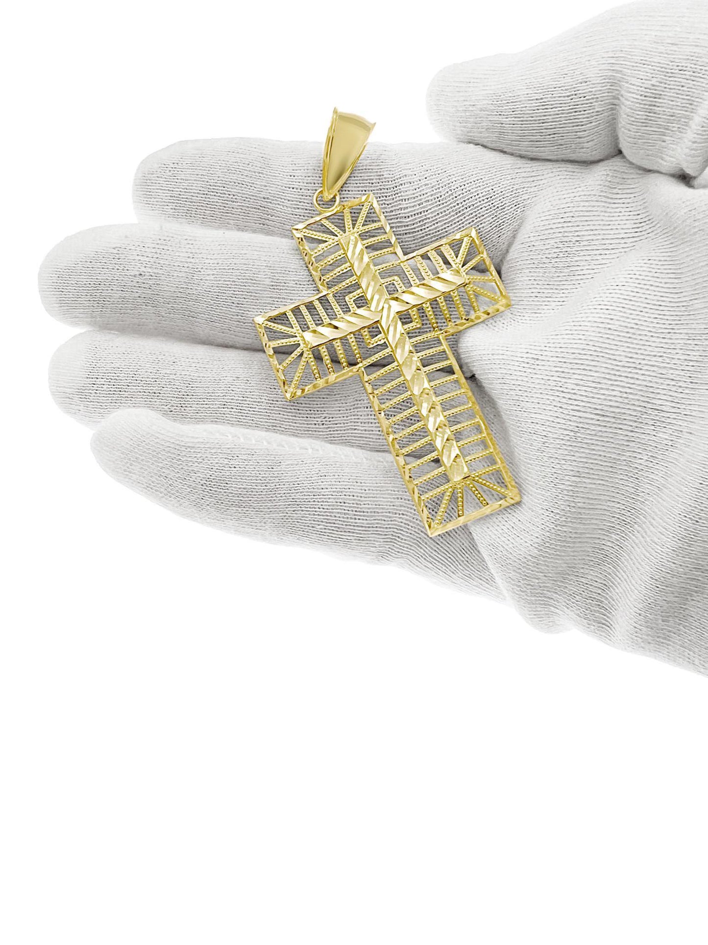 10k Gold Cross Pendant Filigree Men Charm 2.7"