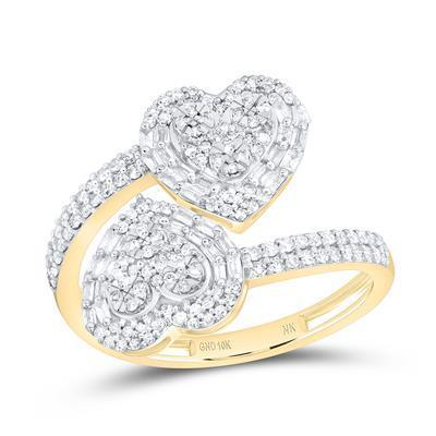 0.62ctw Baguette Diamond Heart Cluster Cuff Ring 10K Yellow Gold