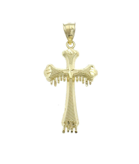 10k Gold Cross Drip Pendant Charm Diamond Cut 1.9"