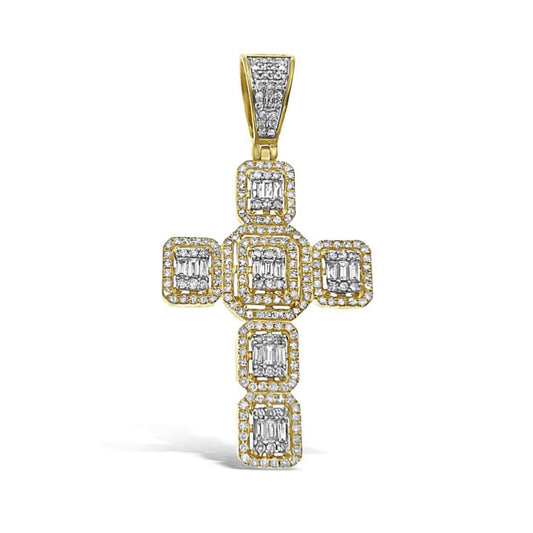 14kt Yellow Gold Baguette Round Diamond Cross Pendant Charm 1.68 Cttw