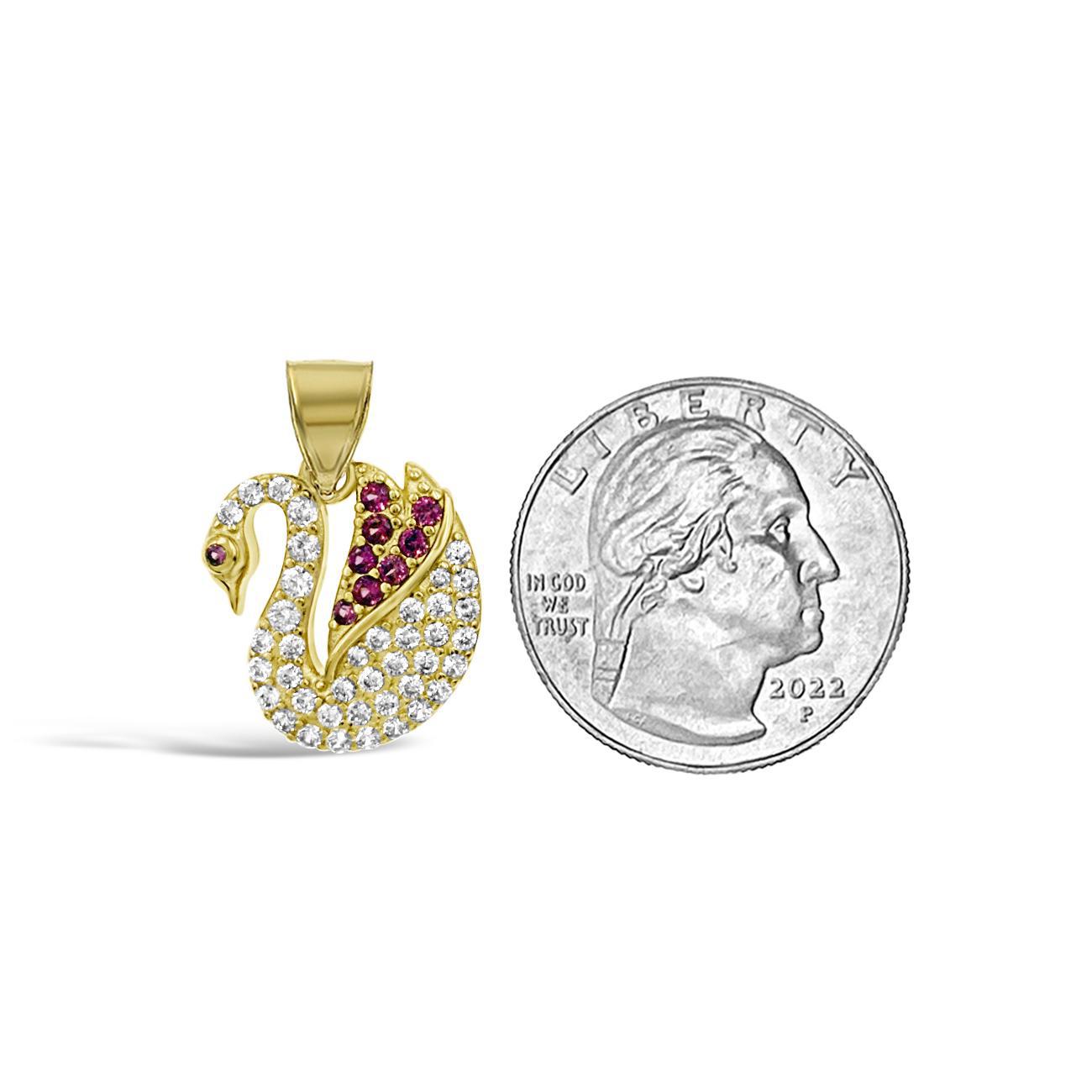 14K Yellow Gold Swan Pendant White & Red CZ Stones Animal Bird Jewelry 0.9 inch