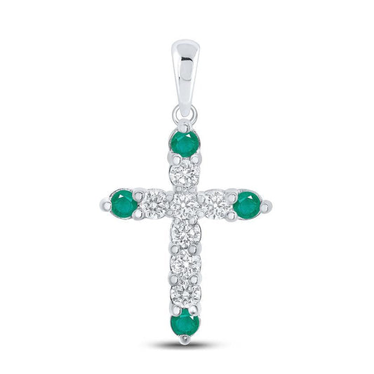0.30ctw Diamond & Natural Emerald Cross Pendant 10K White Gold
