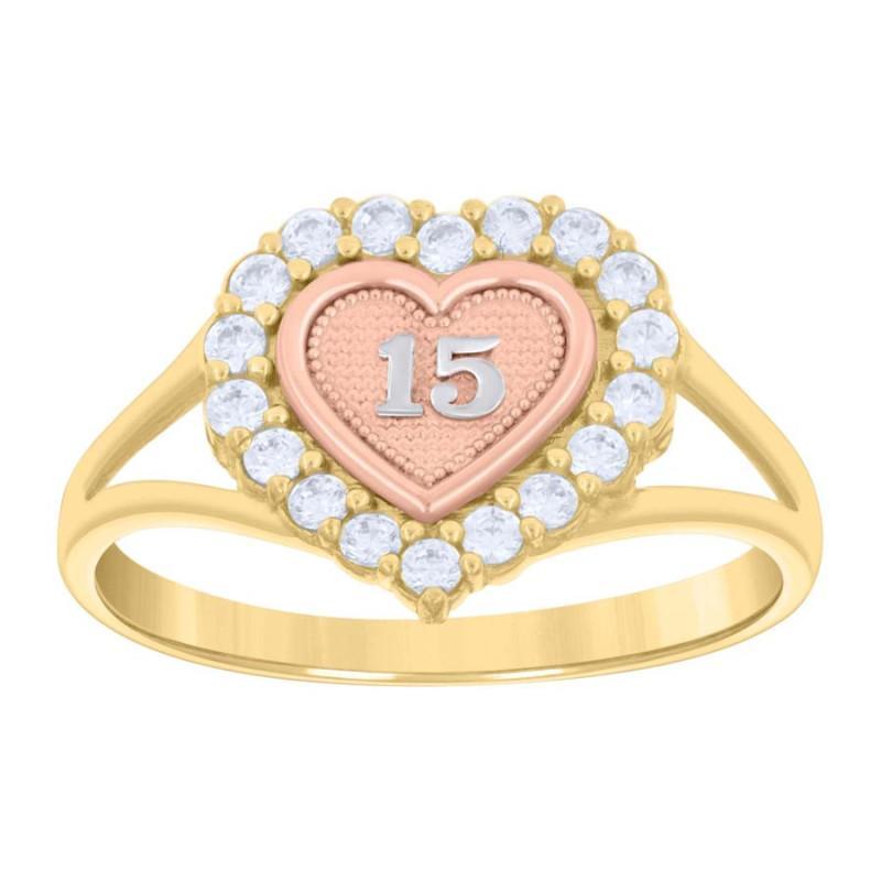 14K Tri-color Gold 15 Heart Halo CZ Ring Womens