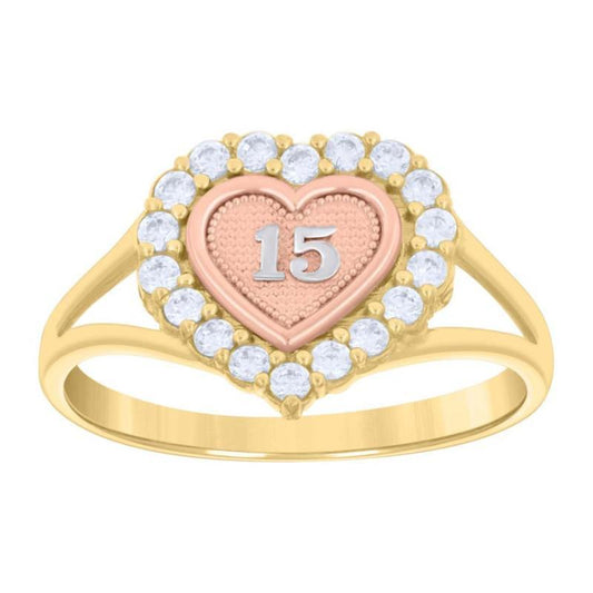 14K Tri-color Gold 15 Heart Halo CZ Ring Womens