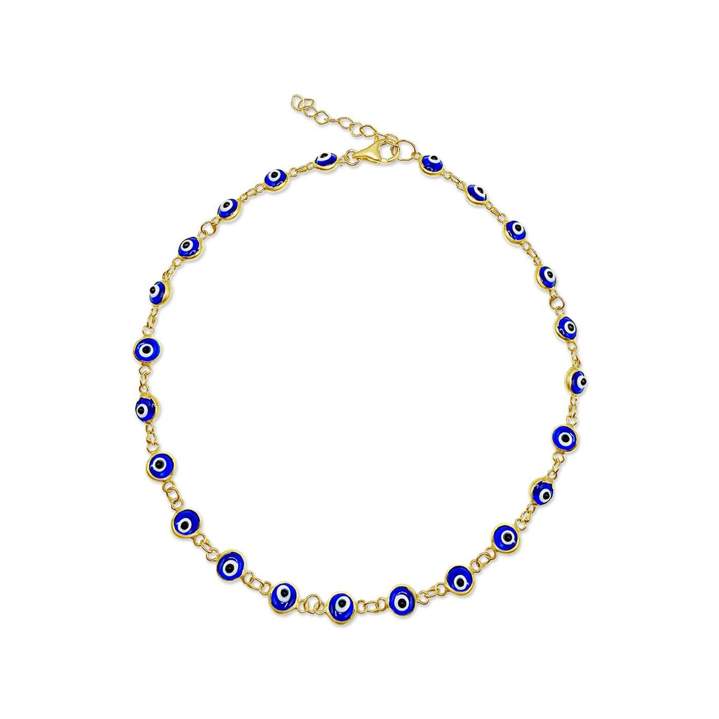 10K Yellow Gold Blue Evil Eye Anklet Adjustable