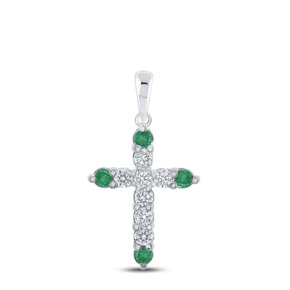 Natural Emerald & Diamond Cross Pendant Charm 10k White Gold