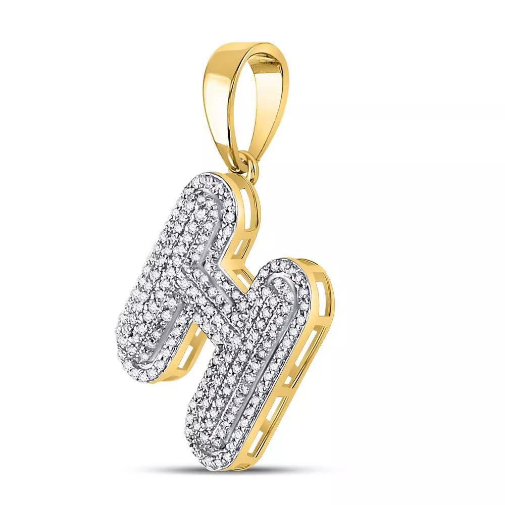 10kt Yellow Gold Mens Round Diamond Letter H Bubble Initial Charm Pendant