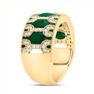 14K Yellow Gold Emerald & Diamond Wide Band Ring