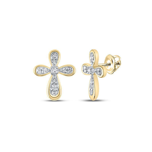 Diamond Cross Stud Earrings 10k Yellow Gold Screw Back