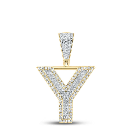 10k Two-tone Gold Mens Round Diamond Y Letter Charm Pendant 5/8Cttw