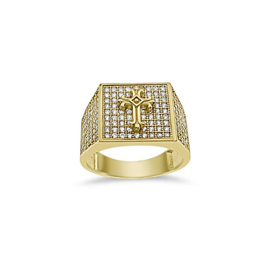 Cross Mens Signet Pinky Ring 10k Yellow Gold