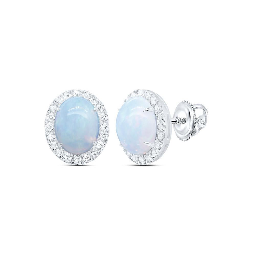 Diamond & Natural Opal Solitaire Stud Earrings 10k White Gold