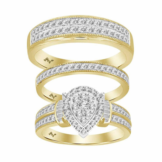 1 Cttw Baguette / Round Diamond Wedding Ring Band Trio Set 10k Yellow Gold