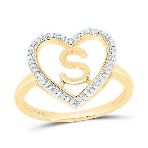 Diamond Initial S Heart Ring 10K Yellow Gold Womens