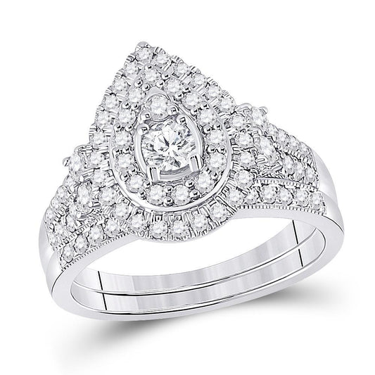 10k White Gold Round Diamond Pear Shape Bridal Ring Band Set 1.00Cttw