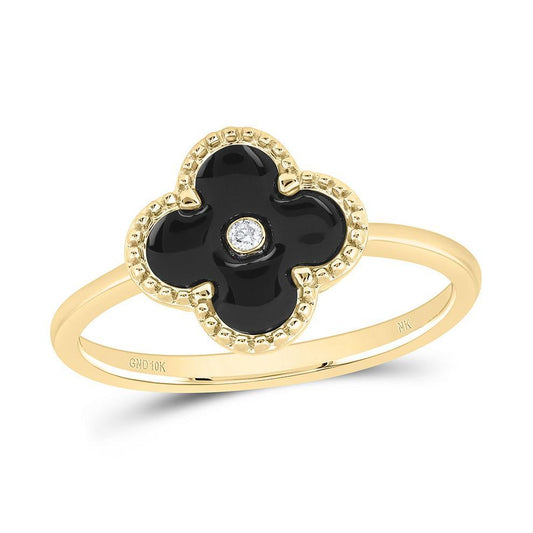 Diamond Enameled Black Flower Clover Ring 10k Yellow Gold