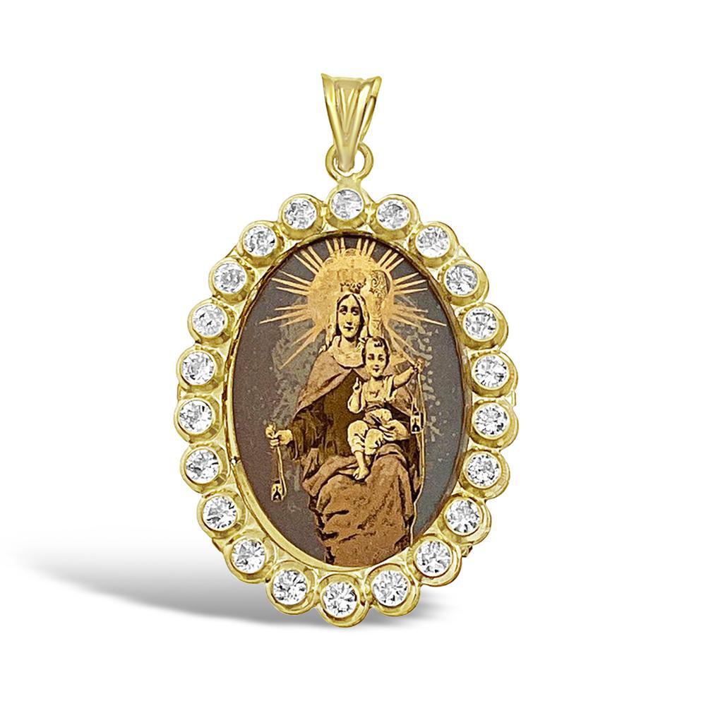 14k Gold Virgin Mary Baby Jesus Pendant Lady Guadalupe Charm Oval 1.3"