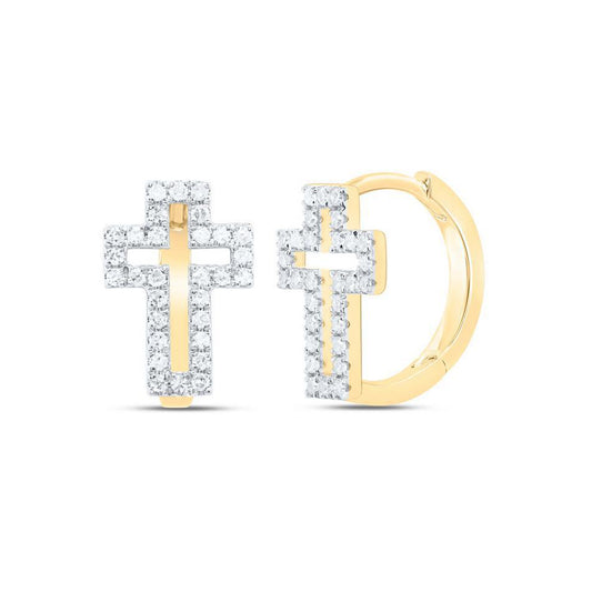 Diamond Cross Huggies Hoop Earrings 10k Yellow Gold 0.33cttw