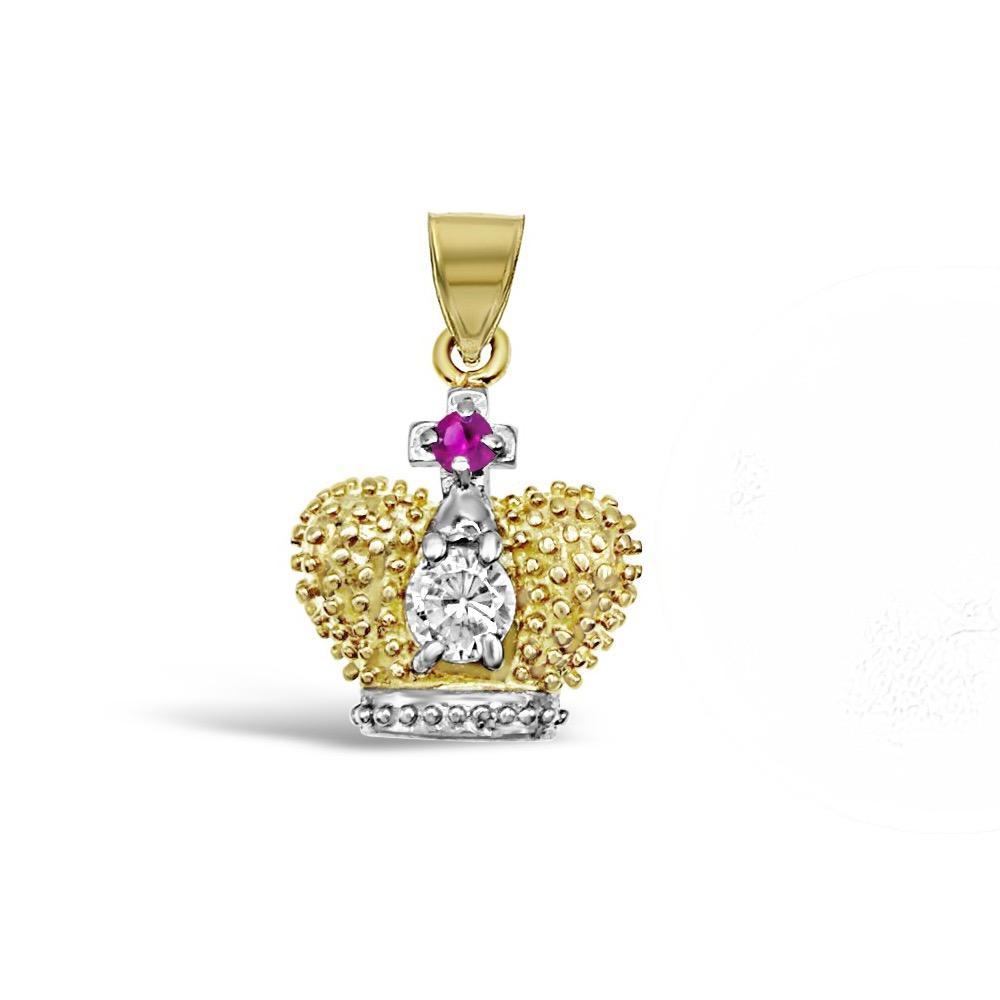 10k Two tone Gold Crown Rose CZ Pendant Charm 0.9 inch