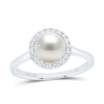 Natural Pearl Diamond Halo Ring 14K White Gold