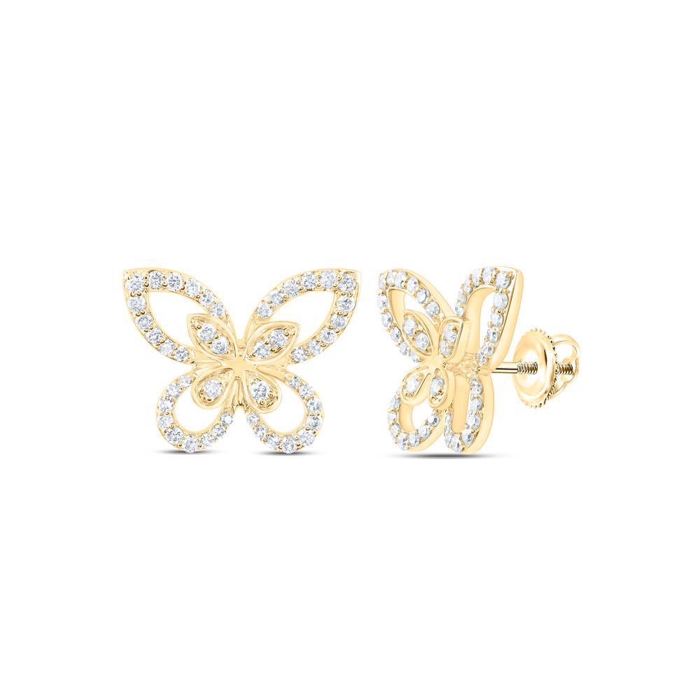 0.50ctw Diamond Butterfly Stud Earrings 10k Yellow Gold Womens Screw Back