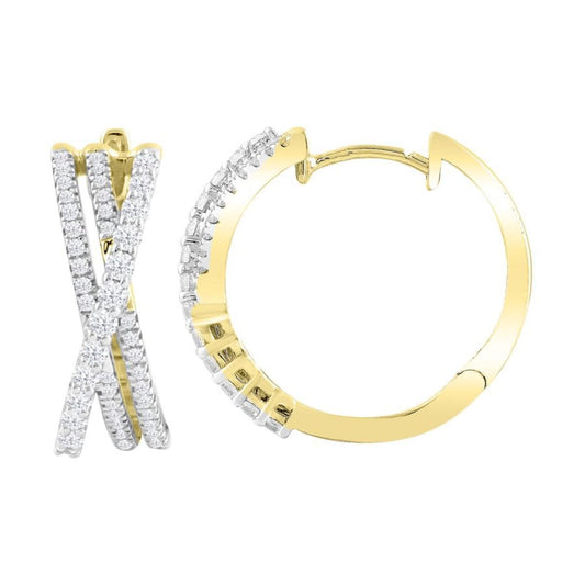0.75ctw Diamond Huggie Hoop Earrings 10k Yellow Gold Criss Cross