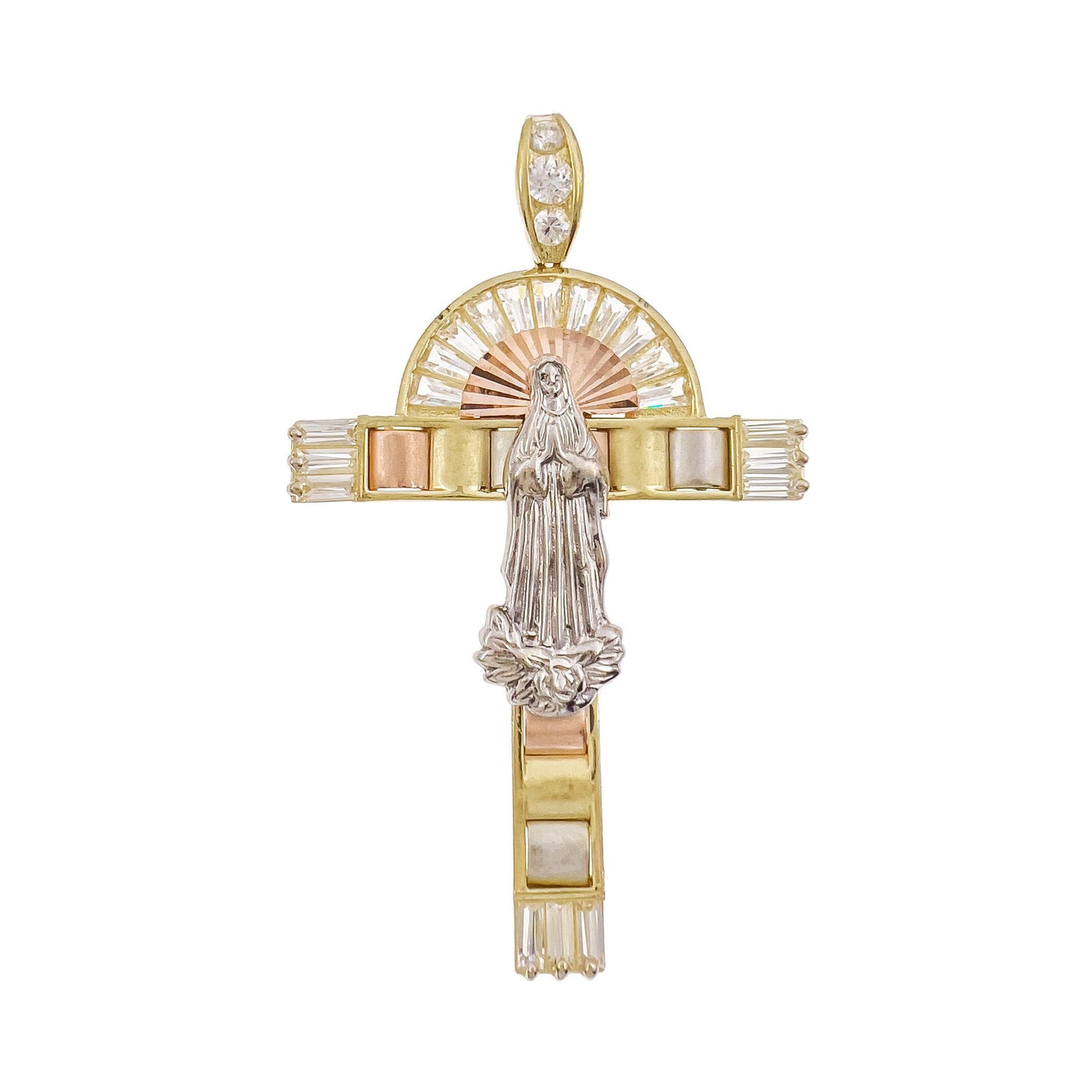 10k Gold Cross Virgin Mary Tri Color Pendant 2.7"