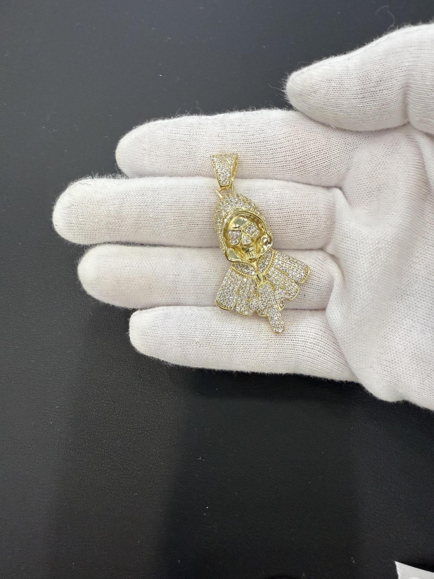 Grim Reaper Skull Pendant 925 Sterling Silver Gold Plated CZ Iced Out