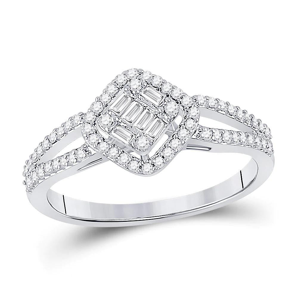 14kt White Gold Womens Baguette Diamond Offset Square Cluster Ring 3/8 Cttw