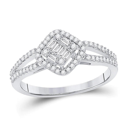 14kt White Gold Womens Baguette Diamond Offset Square Cluster Ring 3/8 Cttw