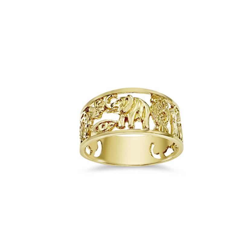14K Yellow Gold Good Luck Band Ring Elephant Owl Cut out