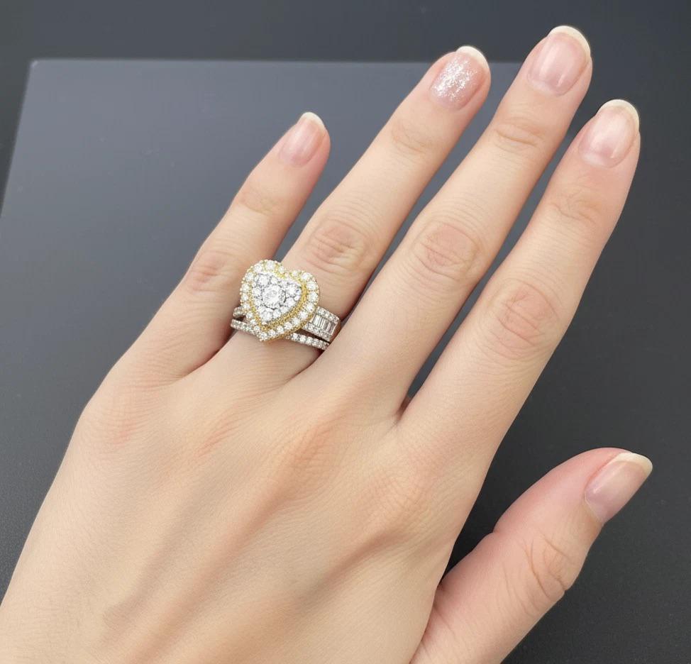 2ctw Diamond Heart Halo Baguette Wedding Ring Set 10K Yellow Gold