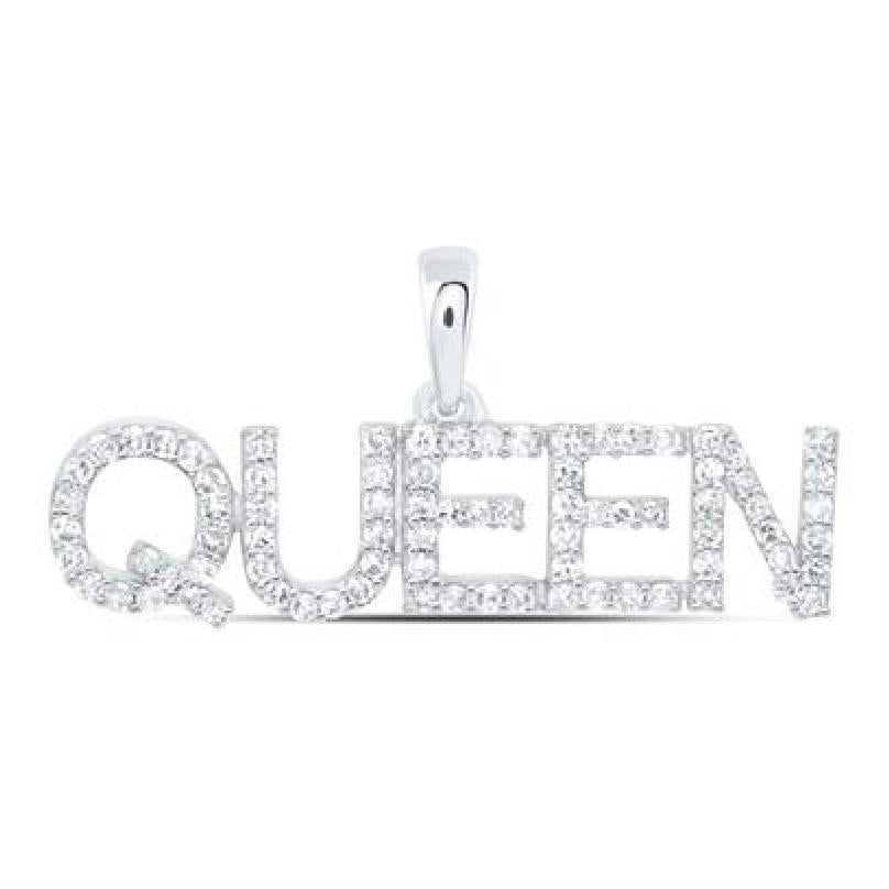 Diamond QUEEN Pendant 10k White Gold Charm 1/3cttw