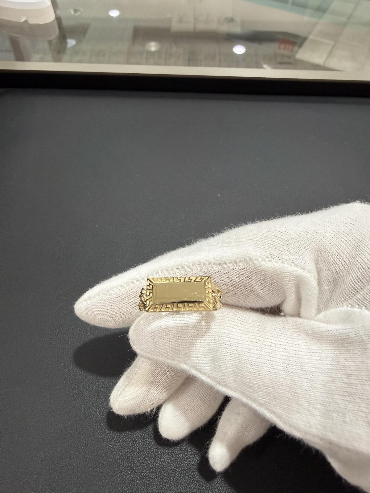 10K Yellow Gold Cuban Link Greek Key Signet Ring