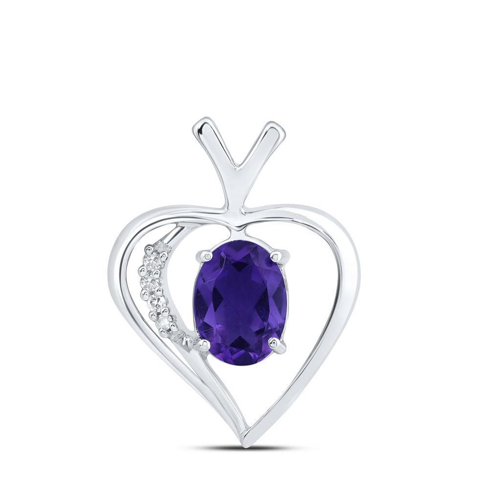 Lab Purple Oval Amethyst & Diamond Heart Pendant Charm 925 Sterling Silver